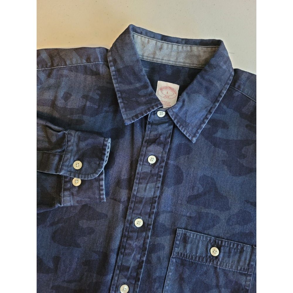 Brooks Brothers 346 Mens Blue‎ Camo Denim Shirt Regular Fit Large Long Sleeve